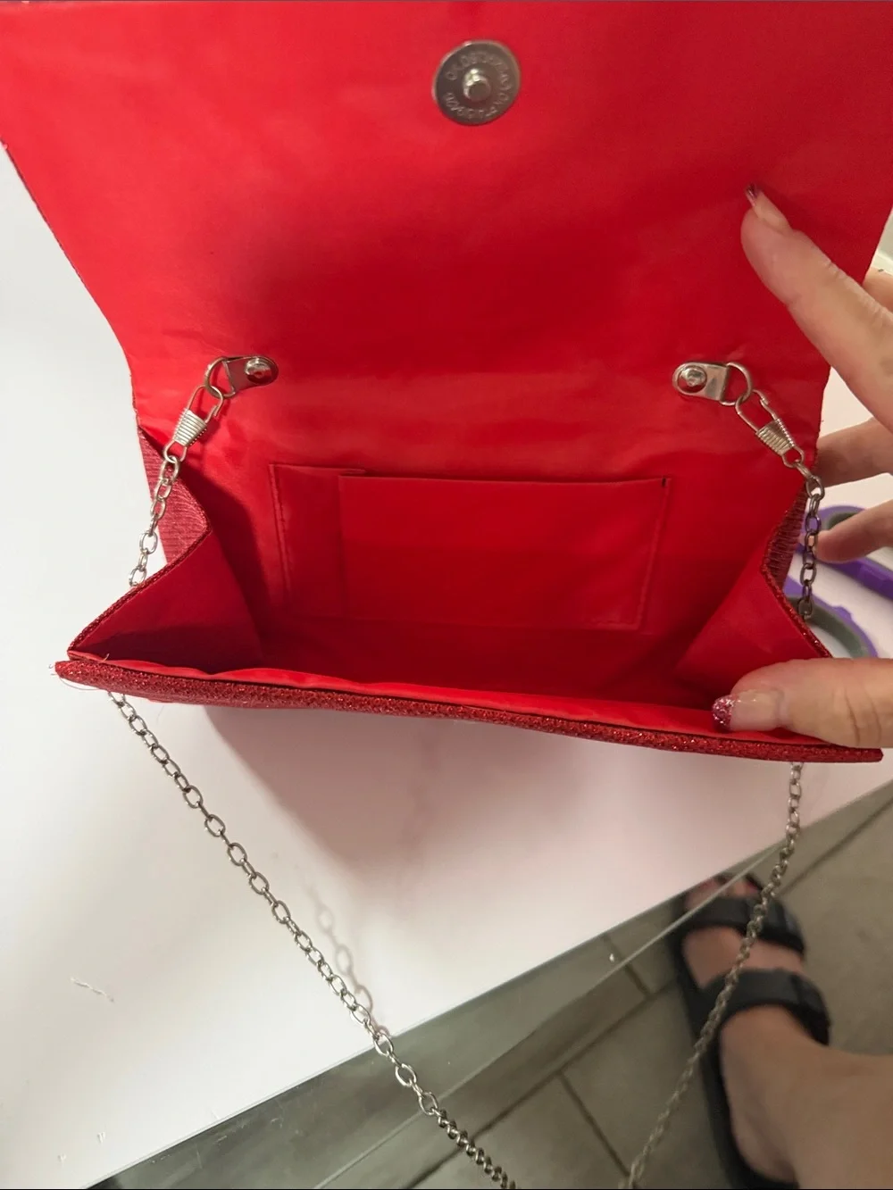 Glam Red Sparkle Clutch with Silver Chain